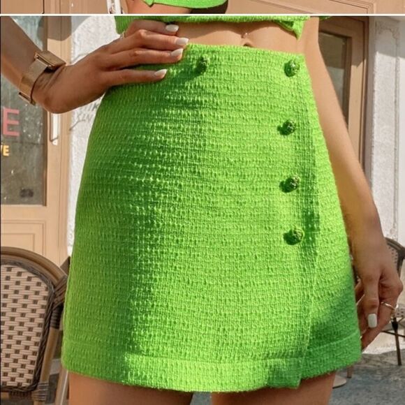 ZARA BLOGGERS FAV TWEED TEXTURED BUTTONS GREEN SKIRT MINI SLIT - Picture 5 of 13